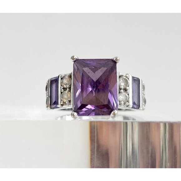 Geometric Amethyst Gemstone Rectangular Cut Sterling Silver Vintage Ring - sz 8 - Picture 1 of 10